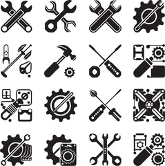 Obraz premium Collection of black and white icons depicting various tools and equipment
