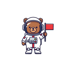 Cute cartoon bear astronaut holding a red flag.