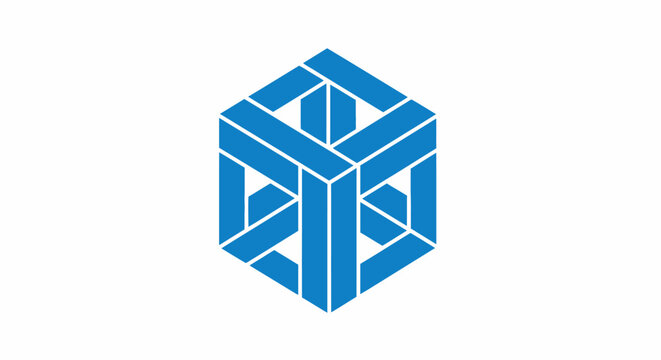 A blue 3D cube graphic design element.
