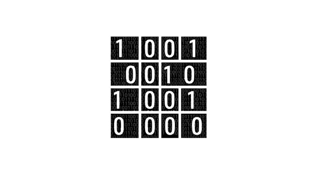Binary code pattern with black and white squares.