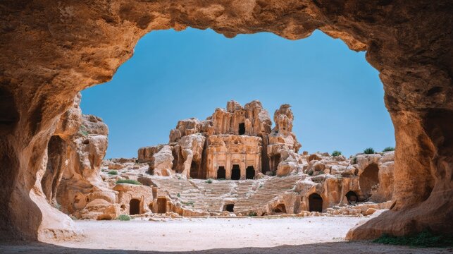 Ancient stone ruins and rock-carved city viewed through a natural cave archway for historical travel branding, majestic desert temple architecture under bright sunlight