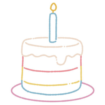 Cute Hand-Drawn Neon Style Layered Birthday Cake with Lit Candle and Drip Frosting
