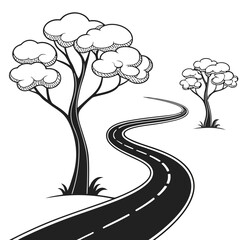 Fototapeta premium Curvy road with dashed lines extending into distance, flanked by two stylized trees and a small bush under a clear sky