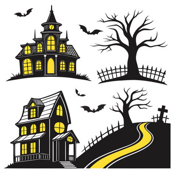 Halloween graphics set including spooky haunted houses flying bats leafless trees and a winding road leading to a graveyard under glowing windows