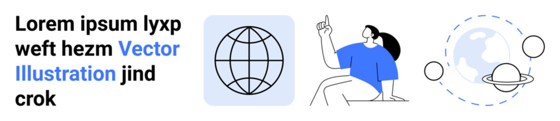 Global connectivity, environmental awareness, education, creative thinking, astronomy, planetary science. Earth globe, woman pointing upward orbiting planets. Connectivity and environmental