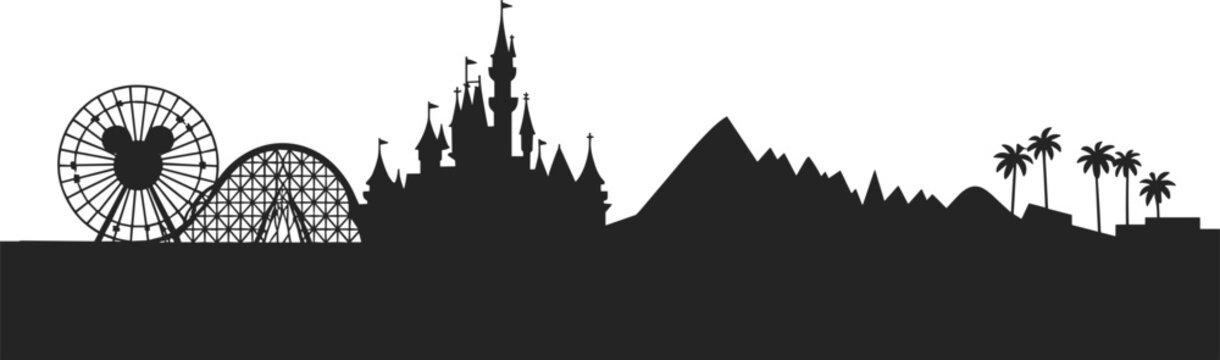 Disneyland skyline silhouette with castle, ferris wheel, roller coaster, mountains and palm trees isolated on white background amusement park vector illustration