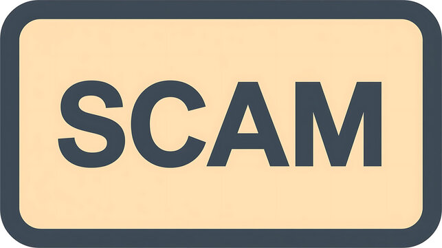 Scam alert sign with black text on beige background warning of fraud