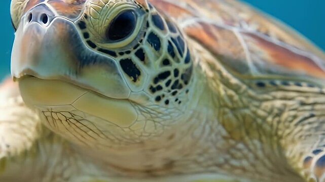 Up-close shot of a sea turtle's head, showing its scaly skin pattern in hues of tan and orange