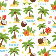 Obraz premium Tropical islands with palm trees, coconuts, flowers, and waves repeat