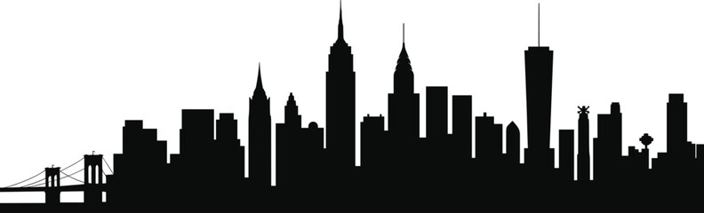 Obraz premium New York City skyline silhouette with Brooklyn Bridge and iconic skyscrapers isolated on white background, urban cityscape panorama vector illustration for architecture design