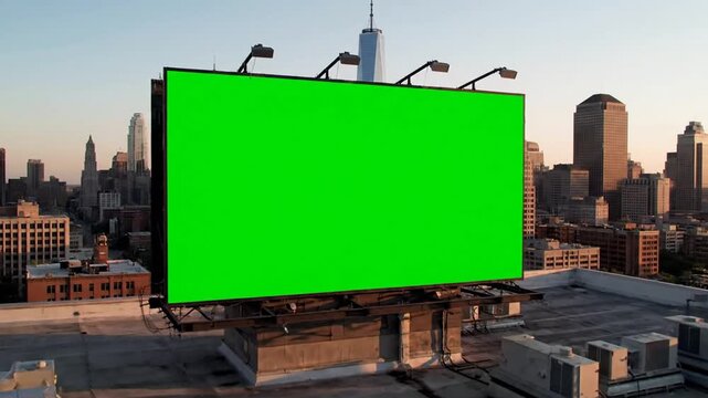 Large green screen billboard on a city rooftop with a sprawling urban skyline at sunset.