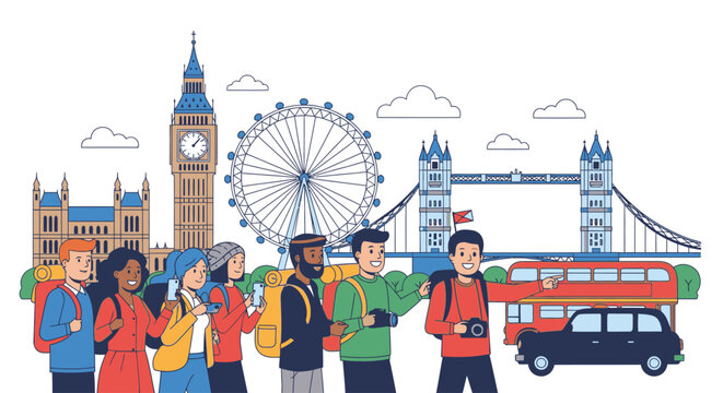 Illustration of tourists with backpacks standing in front of London cityscape with Big Ben, London Eye, and red bus, against a white background with a travel and transportation theme.