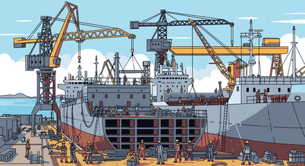 Illustration of a bustling shipyard with cranes and workers on a sunny day with a blue sky and white clouds.