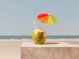 Fresh Green Coconut Cocktail with Paper Straw and Umbrella on Marble Ledge Overlooking Tropical Beach for Luxury Summer Vacation Travel Concept and Background Copy Space
