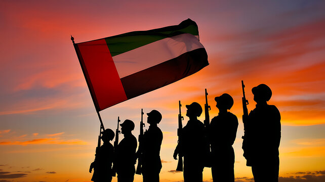 Silhouette of soldiers holding uae flag at sunset with vibrant colors