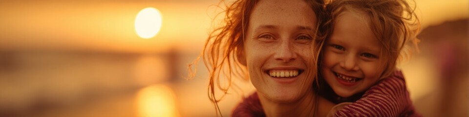 Naklejka premium Happy Mother Giving Piggyback Ride to Her Daughter on a Beach at Sunset, Smiling Family Bonding during Summer Vacation with Copy Space for Travel Branding