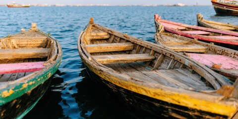 Obraz premium Traditional wooden boats floating on water in a harbor for travel marketing and maritime heritage with weathered textures and bright pink accents in daylight