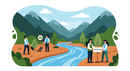 Fototapeta premium People planting trees near river with mountains in background for eco initiative