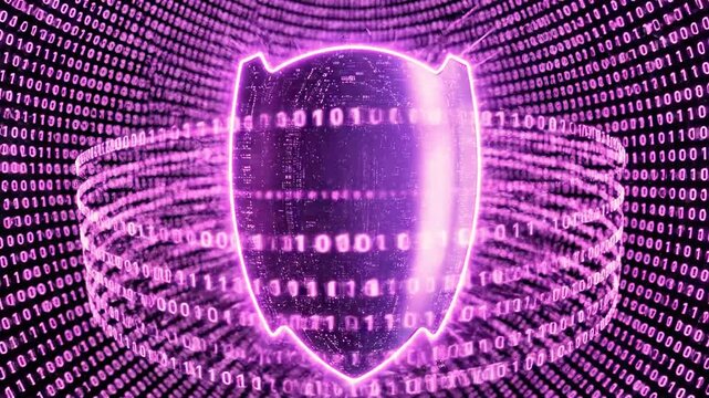 A futuristic purple shield surrounded by concentric circles of binary code on a dark background