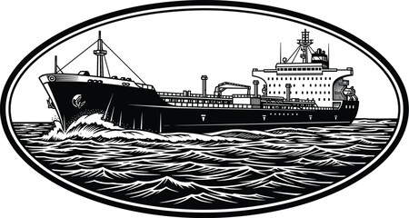 Cargo ship illustration artwork, large tanker vessel design, maritime transportation emblem, ocean waves drawing, industrial shipping concept, black and white nautical artwork © IMRAN KHAN