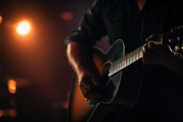 Obraz premium Male musician playing acoustic guitar during music band rehearsal in a studio for entertainment blog or concert promotion with dramatic stage lighting and copy space