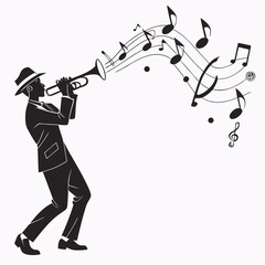 Detailed trumpet player silhouette illustration with wavy music staff and notes for educational materials or music studio interior decoration themes © MST. JANNATUL
