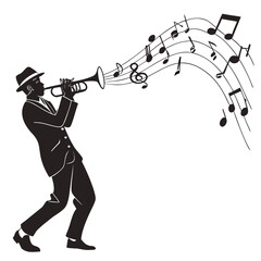 Trumpet player silhouette blowing musical notes on five line staff illustration isolated on white background depicting jazz blues or soul musician © MST. JANNATUL