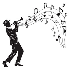 Elegant trumpet player silhouette with flowing staff and musical symbols design for jazz evening or classical music event invitation and print media © MST. JANNATUL