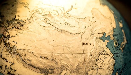 Fototapeta premium A close-up view of a vintage globe showing Asia and surrounding regions