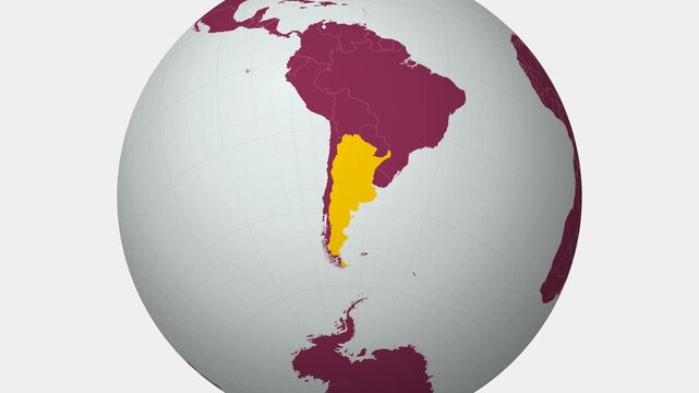 Argentina map. Animated zoom into the country on the Globe in Pale Mint Dark Pink color palette. Country logo animation with round text and airplanes. Map with meridians, parallels. Charming video.