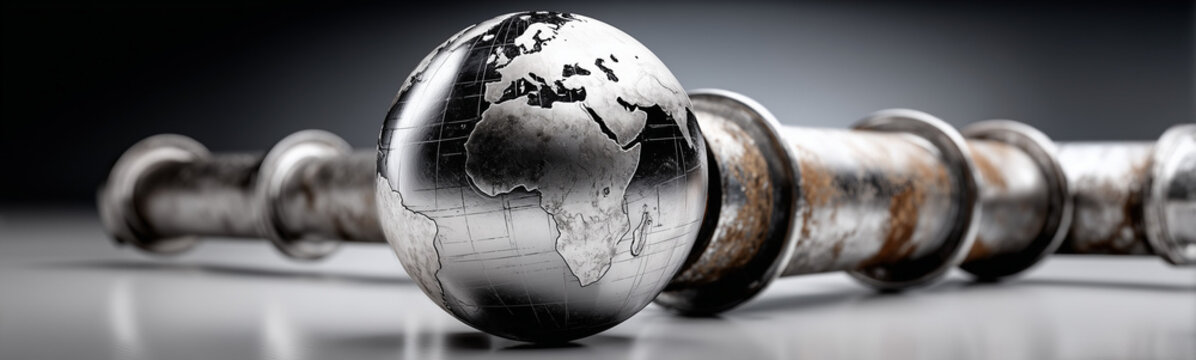 Global Connection: A close-up view of a metallic globe delicately balanced on a series of metal pipes, symbolizing the interconnectedness of global networks and industrial advancements.