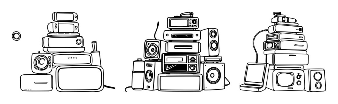 Smart-home gadgets set with doodle style illustration of a stack featuring smart-home gadgets, doodle illustration, tech lifestyle with simple lines and white background