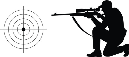 Sniper silhouette aiming rifle at target board, tactical marksman isolated on light background, precision shooting and military training concept vector illustration © Moklesur
