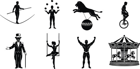 Circus performers silhouettes set acrobat tightrope walker juggler lion trainer unicycle carousel vector illustration carnival entertainment collection © Hosna