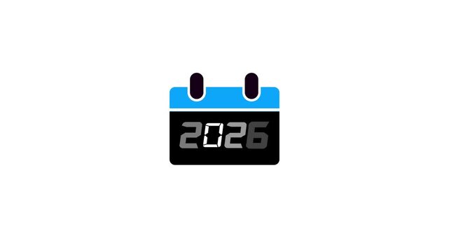 A simple flat representing a calendar page with the year 2026 displayed digitally in white numbers on a black section, topped with a blue header and two black circles. Keywords: calendar, year