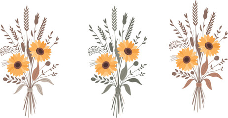 Sunflower Bouquet Set with Wheat and Wildflowers, Rustic Hand Drawn Floral Vector Illustration for Autumn Wedding Decor, Farmhouse Botanical Design Collection