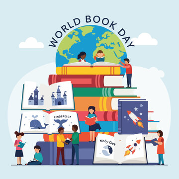 Illustration of a book stack and people reading books