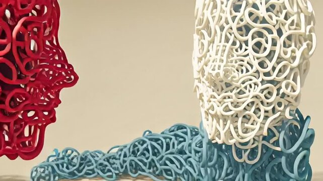 Man standing between two thought heads.