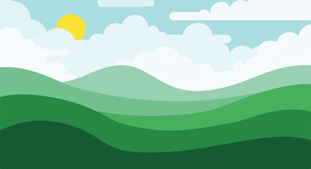 Minimalist landscape featuring rolling green hills, clouds, and a sun © Itachi