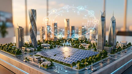 Fototapeta premium Smart city model with solar panels and digital connectivity representing urban renewable energy and sustainable technology for futuristic urban development
