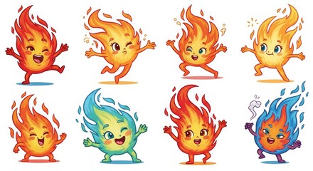 Fototapeta premium Joyful Cartoon Flames with Various Expressions and Characters