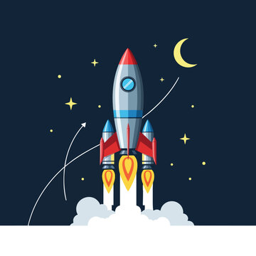 A silver rocket with red fins blasts off into a starry, dark blue night sky