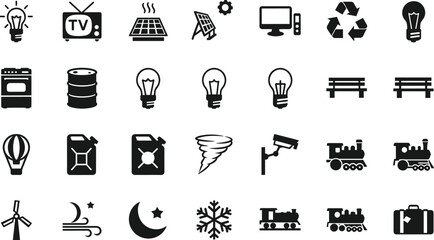 Comprehensive black icon set featuring renewable energy solar panels wind turbines industrial symbols transport logistics weather signs and household appliances for professional web design vector. © MdMeherul
