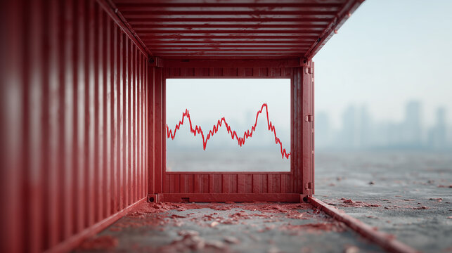 Financial Downturn within a Container: Inside a stark red shipping container, a graph depicts a plunging financial trajectory, symbolizing the challenging times ahead.