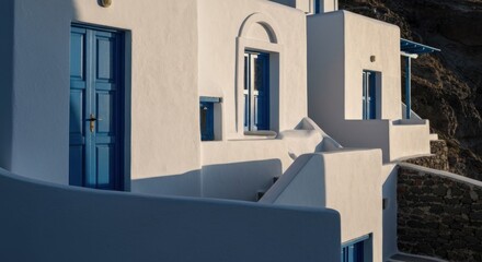 Obraz premium White buildings with blue doors and windows on a sunny day