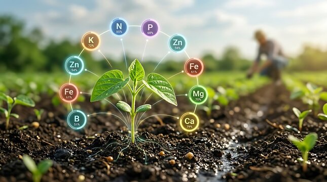 Young green plant growing in soil with colorful infographic overlay highlighting essential nutrient elements for healthy agriculture