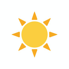 Yellow circle with eight orange triangular rays emanating from it on white