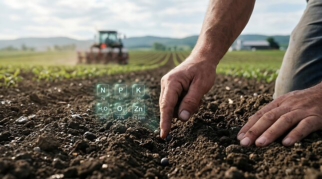 Farmer planting seeds in a field with digital chemical and nutrient overlay for sustainable agriculture and soil health management