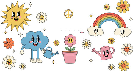 Fototapeta premium Cute Kawaii Nature Elements Collection with Sun, Cloud, Rainbow, Flowers, Watering Can and Whale Cartoon Characters Vector Illustration Set