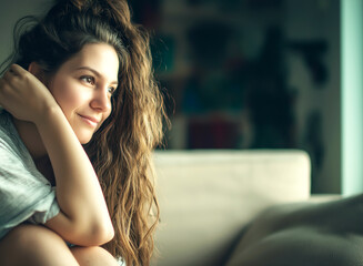 Naklejka premium Thoughtful Young Woman Relaxing at Home with Soft Natural Light